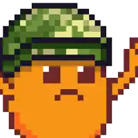 a pixel art drawing of an orange with a green helmet on