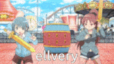 two anime girls holding swords in front of a barrel with the word elvery written on it