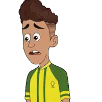 a cartoon boy in a yellow and green shirt with the letter o on his chest