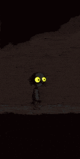 a cartoon character with large yellow eyes is standing in the dark .