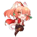 a cute anime girl with cat ears and a red cape is flying in the air .