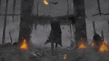 a drawing of a person standing in a forest