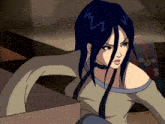a cartoon drawing of a girl with blue hair and a choker