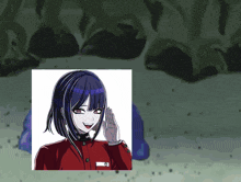 a picture of a girl with blue hair and a red jacket with the letter o on the sleeve