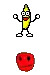 a pixel art of a banana with arms and legs standing next to a red face .