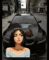a girl with the letter a on her chest is standing in front of a car