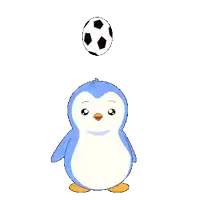a blue and white penguin is playing with a soccer ball