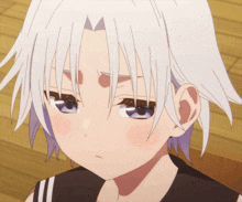 a close up of a girl 's face with white hair