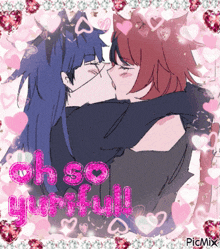 a picture of a couple kissing with the words oh so yurifull written in pink