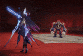 a video game character with a sword and shield stands in front of a robot