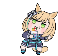 a cartoon drawing of a girl drinking from a cup that says " thank you "