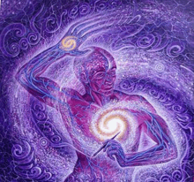 a painting of a man with a swirl in his chest holding a pencil .