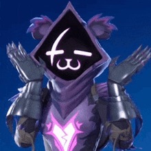 a cartoon character with a purple square on his head with a letter f on it