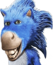 a close up of a blue cartoon character with a horse head