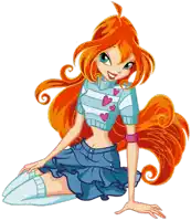a cartoon girl is sitting on the floor wearing a blue skirt and a sweater with hearts on it