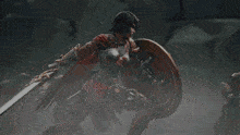 a woman holding a sword and shield in her hands
