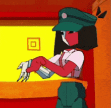 a cartoon of a woman wearing a hat and gloves .