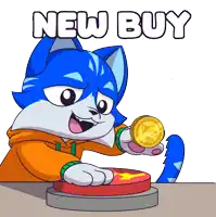 a cartoon of a cat holding a coin with the words new buy above it
