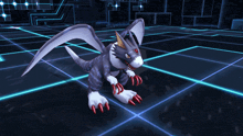 a gray and white monster with red claws and a red heart on its head