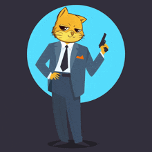 a cat in a suit and tie is holding a knife that says ' suck '