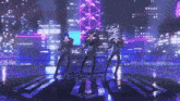 three people are dancing in front of a city skyline