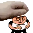 a pixel art of a cartoon character with a hand holding his head .