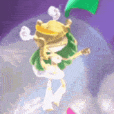 a cartoon character in a green and white outfit is dancing