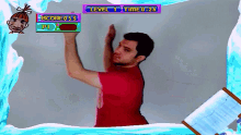 a man in a red shirt is playing a video game with a score of 053