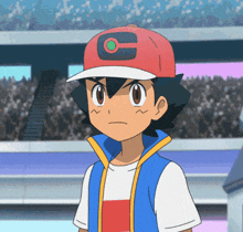a cartoon character wearing a red hat with a letter c on it