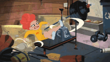 a cartoon character is laying on a bench with a weight of 15 lbs