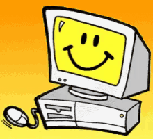 a cartoon of a computer with a smiley face on the screen