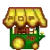a pixel art drawing of a popcorn cart with a yellow awning .