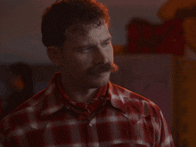 a man with a mustache is wearing a red plaid shirt and a red bandana around his neck