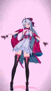 a girl with long white hair is dancing with her arms outstretched on a pink background