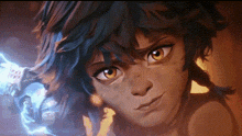 a close up of a cartoon character 's face with a lightning bolt in the background