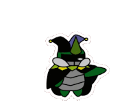 a cartoon drawing of a jester with a hat and a cape on a white background .