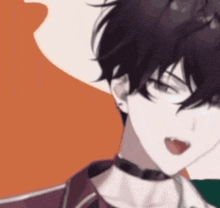 a close up of a boy with black hair wearing a choker .