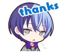 a cartoon of a boy with blue hair and the words thanks written above him