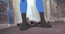 a cartoon character 's feet are shown in front of a destroyed city