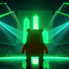 a teddy bear stands in front of a green screen