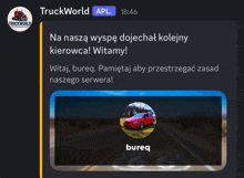a screenshot of a truckworld app with a red car