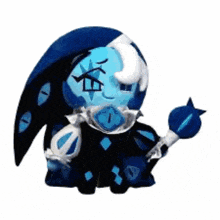 a drawing of a cartoon character with a blue and white face is covered in dirt