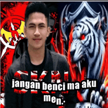 a man is standing in front of a white tiger with red eyes
