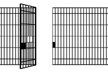 a black and white drawing of a jail cell with a closed and open door .
