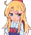 a pixel art drawing of a girl with long blonde hair and blue eyes .