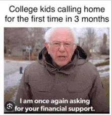a man in a brown jacket is talking about college kids calling home for the first time in 3 months .