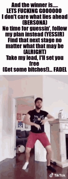 a man is dancing in a living room with a caption that says and the winner is let 's fucking goooooo