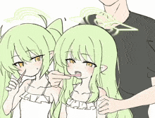 a drawing of two girls brushing their teeth with a man standing behind them