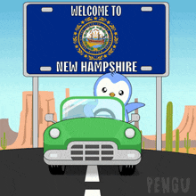 a welcome to new hampshire sign with a penguin driving a car