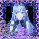 a picture of a girl with a purple rose and the words " good morning "